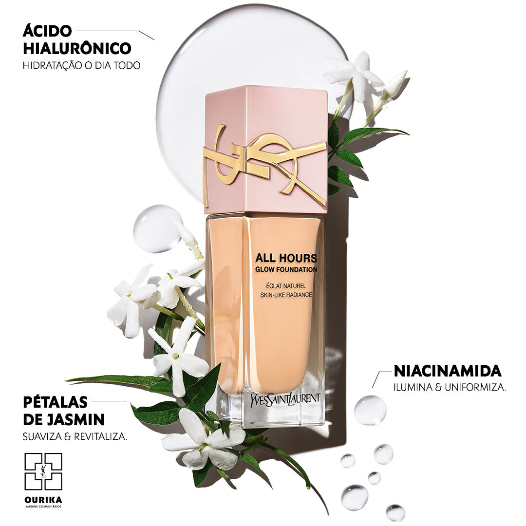 Base liquida YSL com acido hialuronico e niacinamida para tratar e iluminar a pele