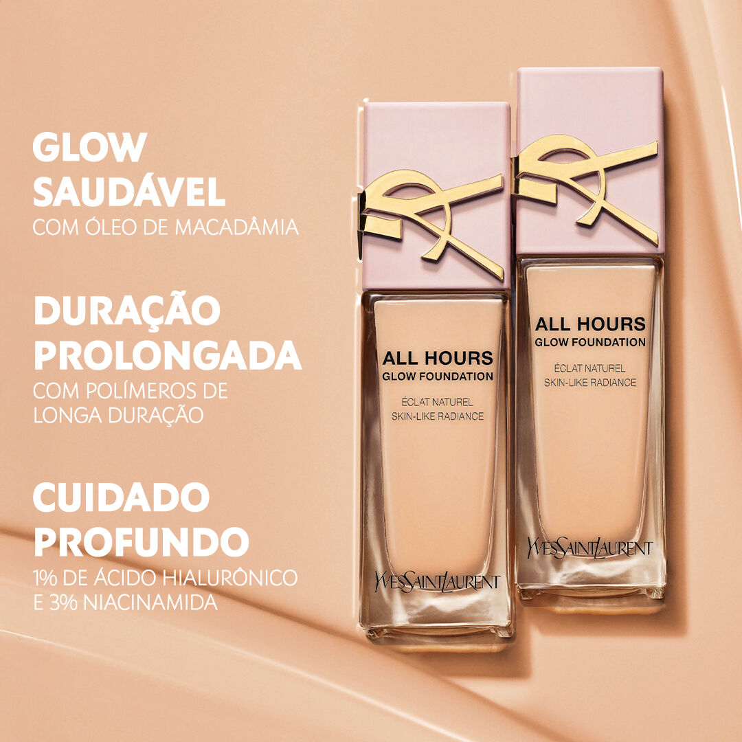 Base liquida YSL ALL HOURS GLOW FOUNDATION 3 em 1, glow natural, longa duracao e cuidados com a pele